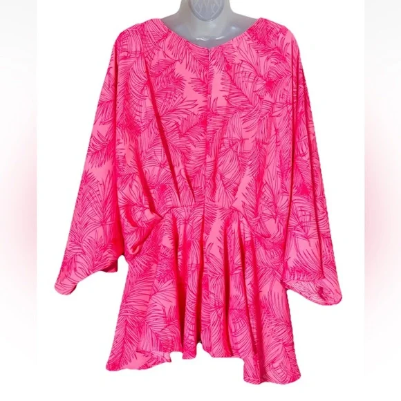 Easel Women’s Size 1X V-neck Flowy Tunic Hot Pink Leaf Print - Picture 3 of 8